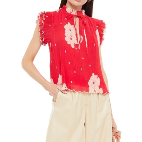 NWOT GANNI Ruffle Cap Sleeves Red Floral Plissé Chiffon Tie Blouse/Top S $265 - Picture 10 of 10